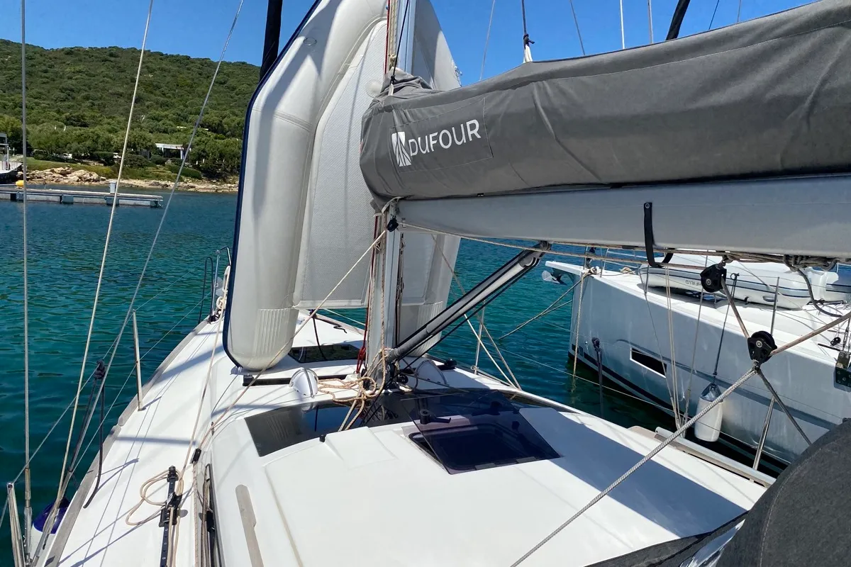 Deck of Volpetta, a Dufour 360 Grand Large sailboat at Olbia, Italy