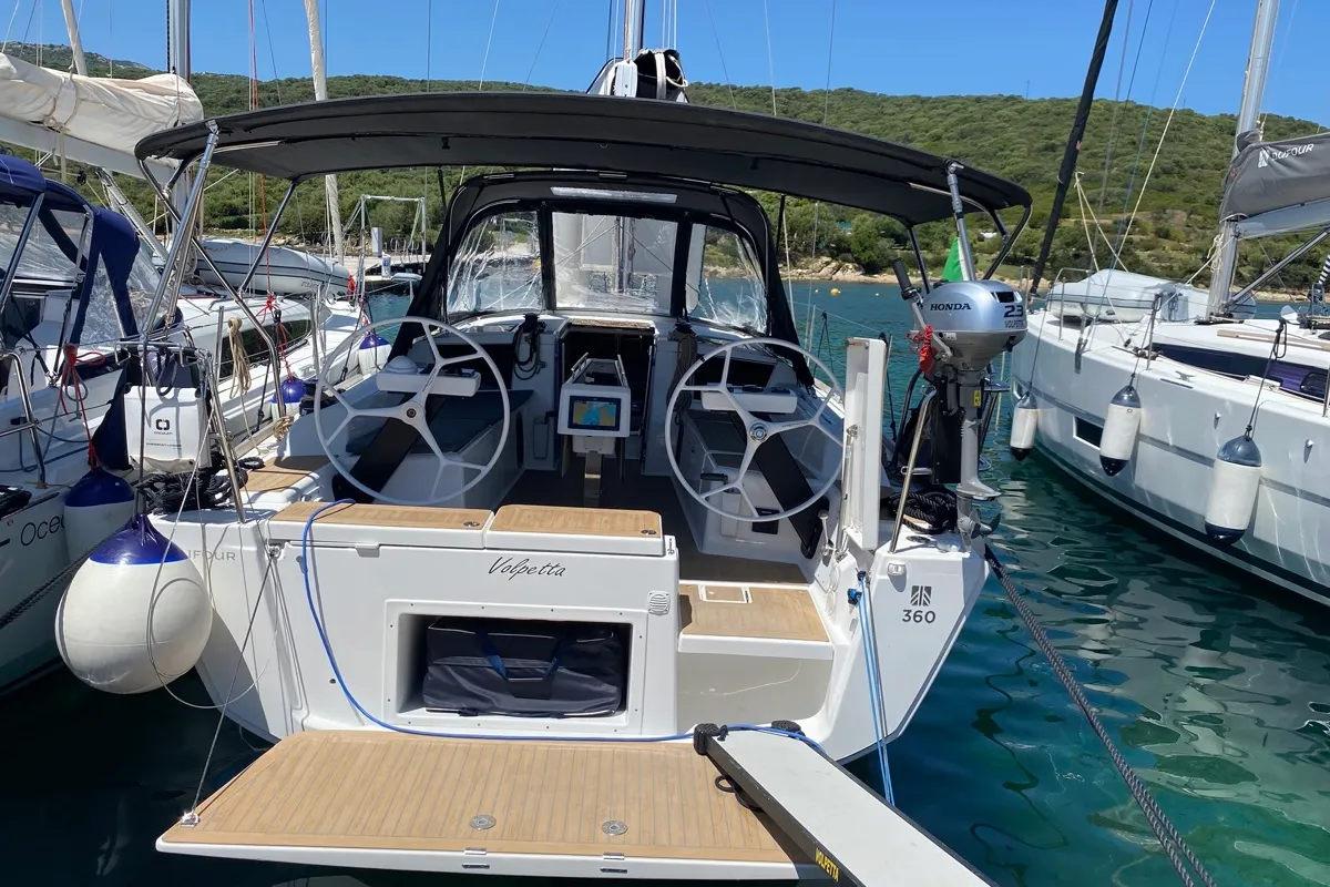 Exterior view of Volpetta, a Dufour 360 Grand Large sailboat at Olbia, Italy