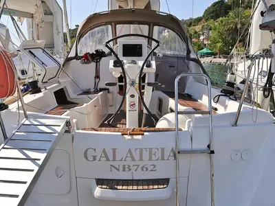 Cockpit of Galateia, a Jeanneau Sun Odyssey 33i sailboat at Loutraki, Greece