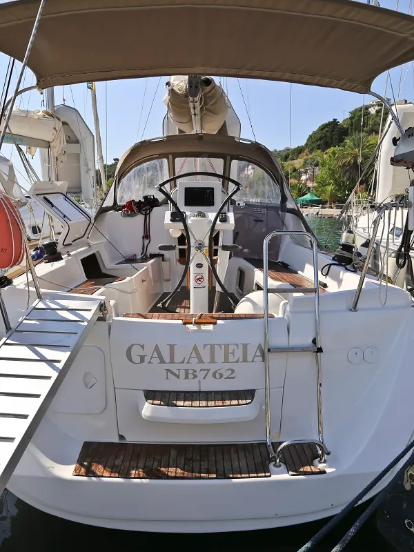 Cockpit of Galateia, a Jeanneau Sun Odyssey 33i sailboat at Loutraki, Greece