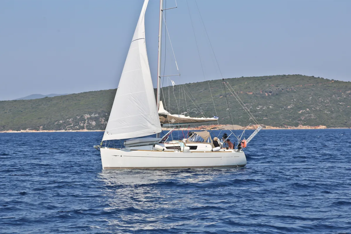 Exterior view of Galateia, a Jeanneau Sun Odyssey 33i sailboat at Loutraki, Greece