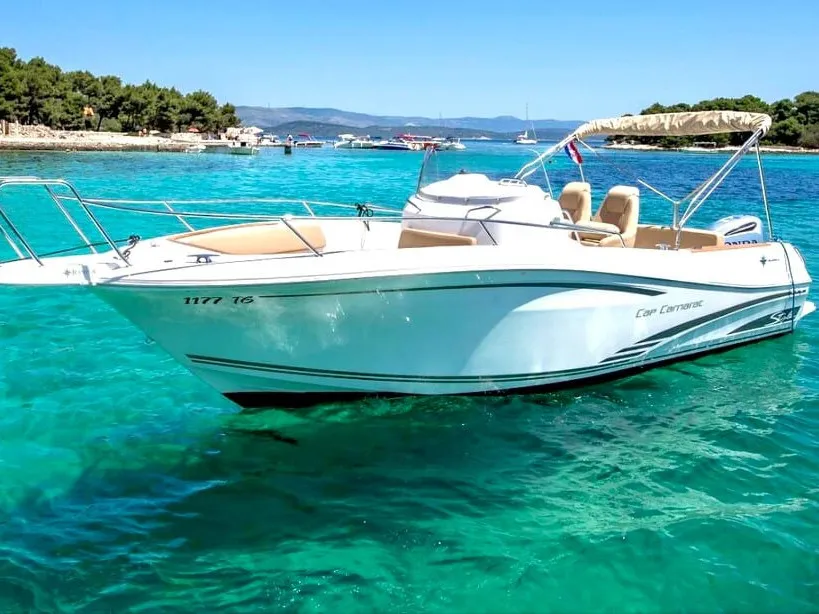 Exterior view of Cap Camarat, a Jeanneau Cap Camarat 7.5 CC motorboat at Trogir, Croatia