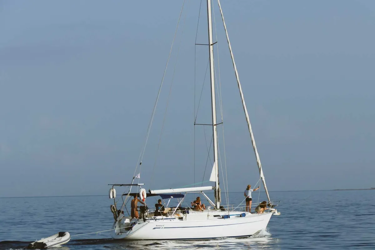 Exterior view of Meropi, a Bavaria 41 sailboat at Kontokali, Greece
