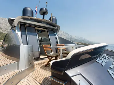Deck of Premium +, a Pearl Sea 56 motorboat at Split, Croatia