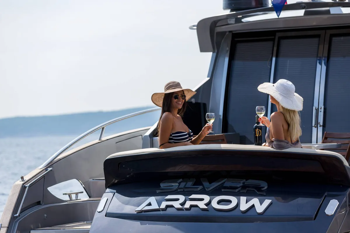 Deck of Premium +, a Pearl Sea 56 motorboat at Split, Croatia