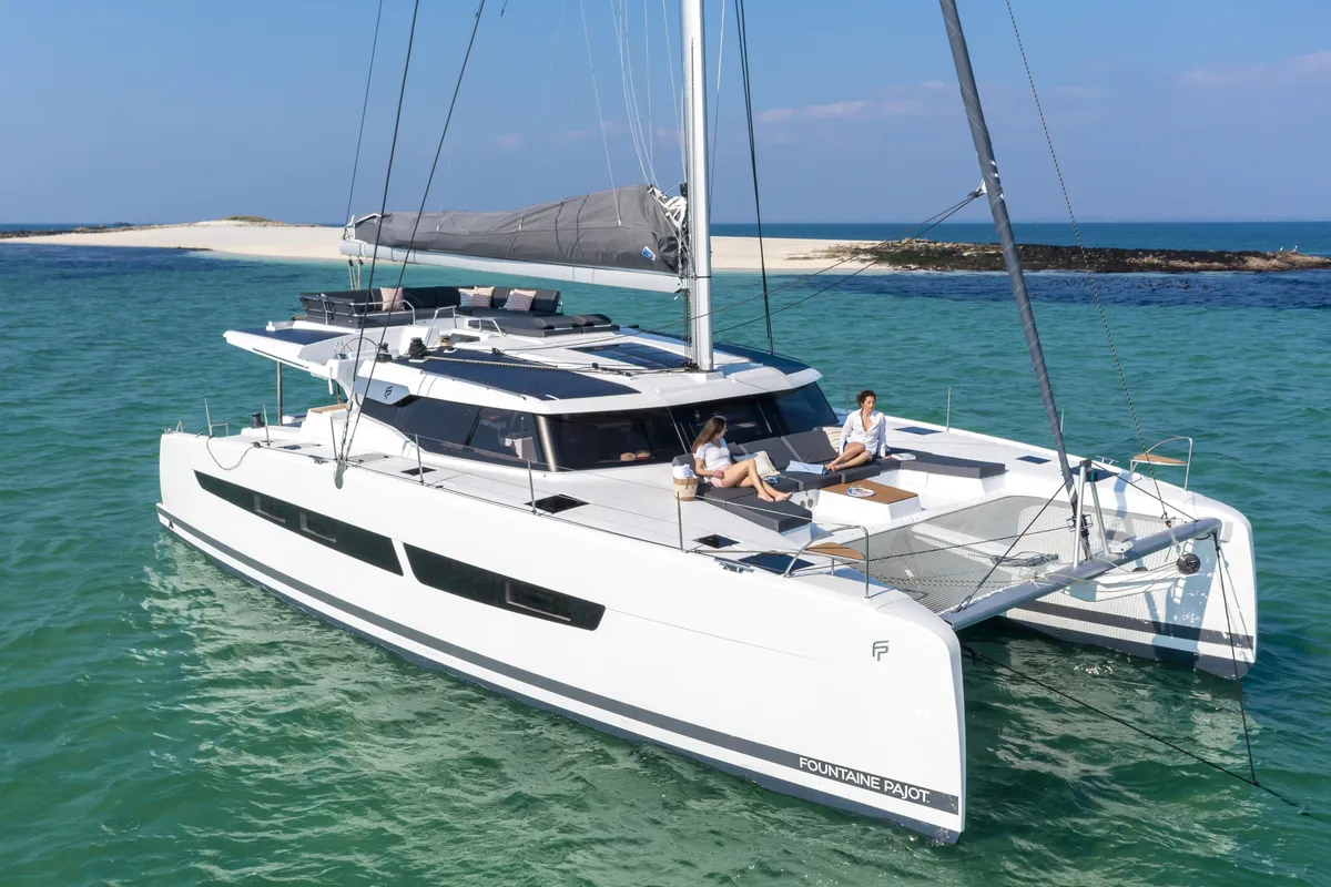 Exterior view of Dédé, a Fountaine Pajot Aura 51 catamaran at Hyères, France