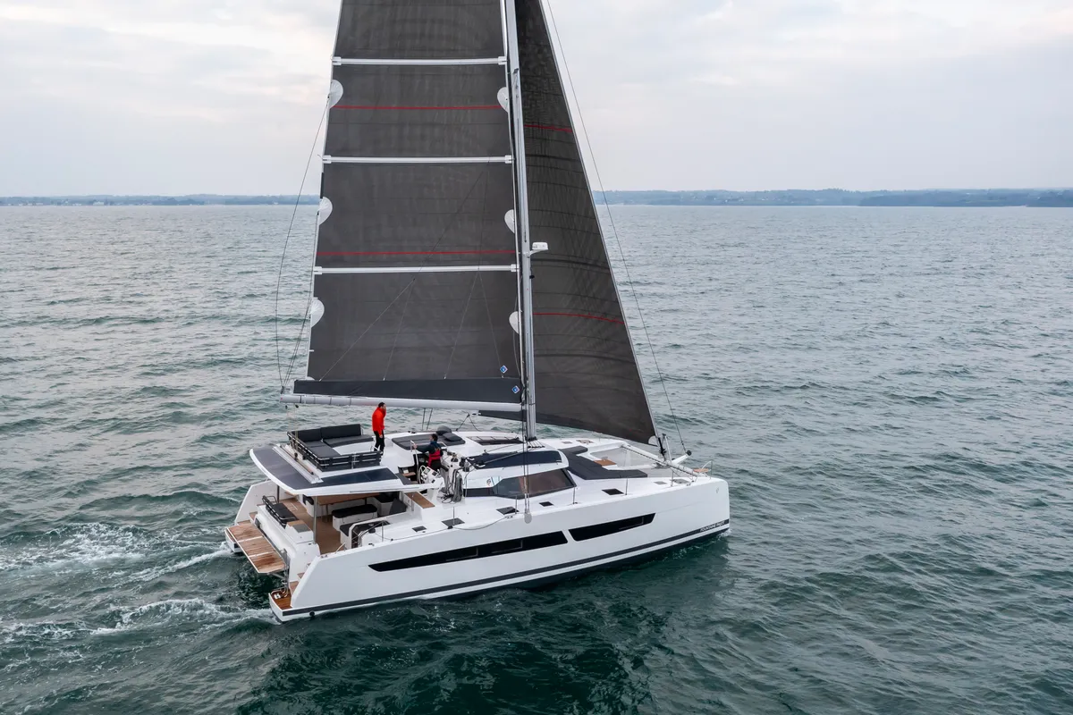 Exterior view of Dédé, a Fountaine Pajot Aura 51 catamaran at Hyères, France