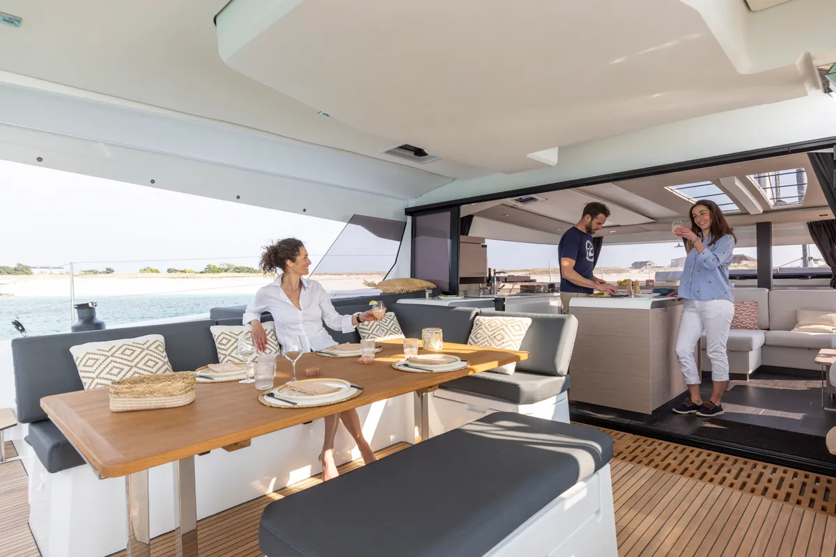 Deck of Dédé, a Fountaine Pajot Aura 51 catamaran at Hyères, France