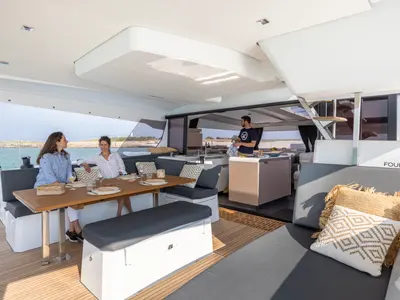 Deck of Dédé, a Fountaine Pajot Aura 51 catamaran at Hyères, France
