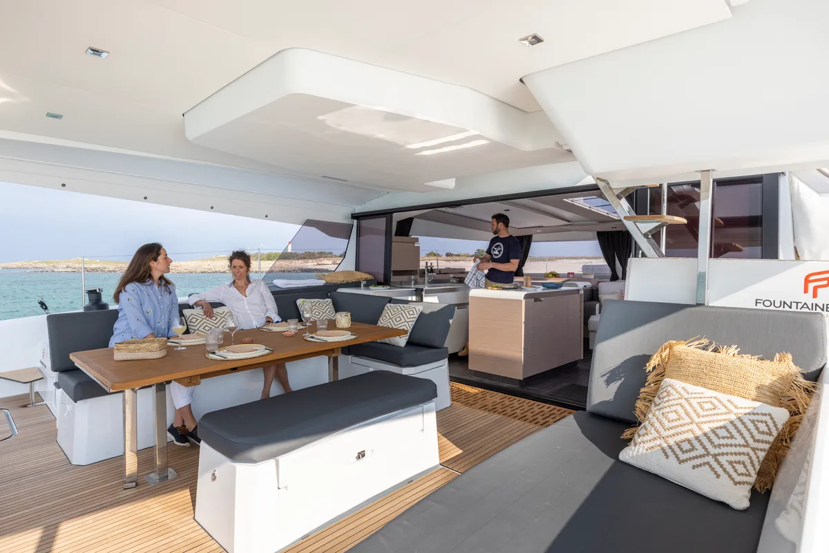 Deck of Dédé, a Fountaine Pajot Aura 51 catamaran at Hyères, France