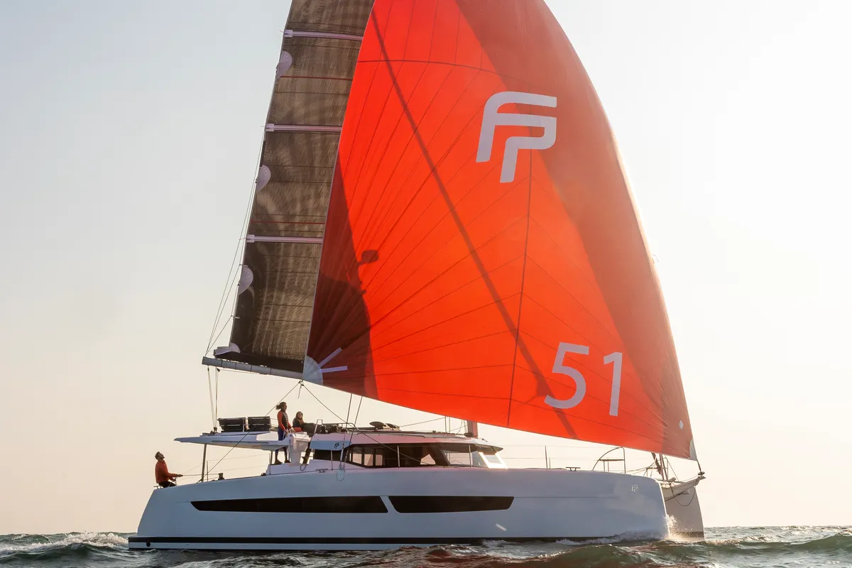 Exterior view of Dédé, a Fountaine Pajot Aura 51 catamaran at Hyères, France