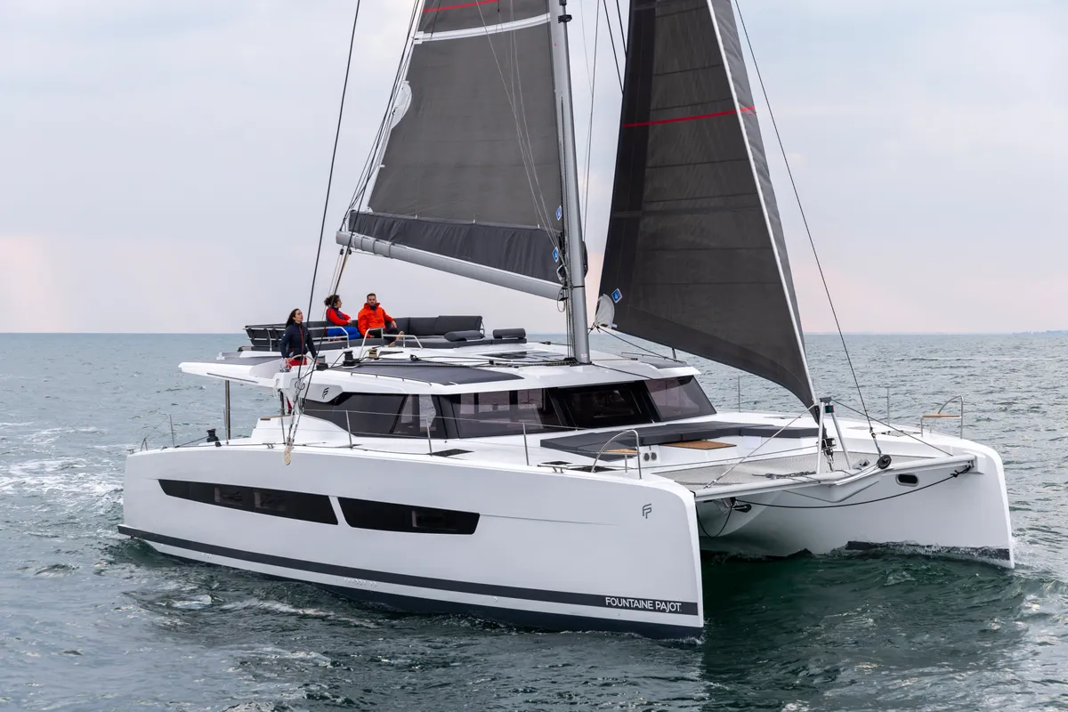 Exterior view of Dédé, a Fountaine Pajot Aura 51 catamaran at Hyères, France