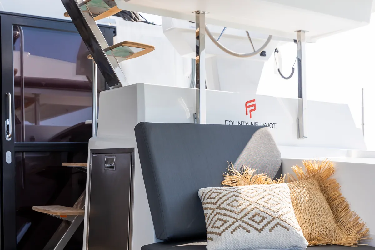 Deck of Dédé, a Fountaine Pajot Aura 51 catamaran at Hyères, France