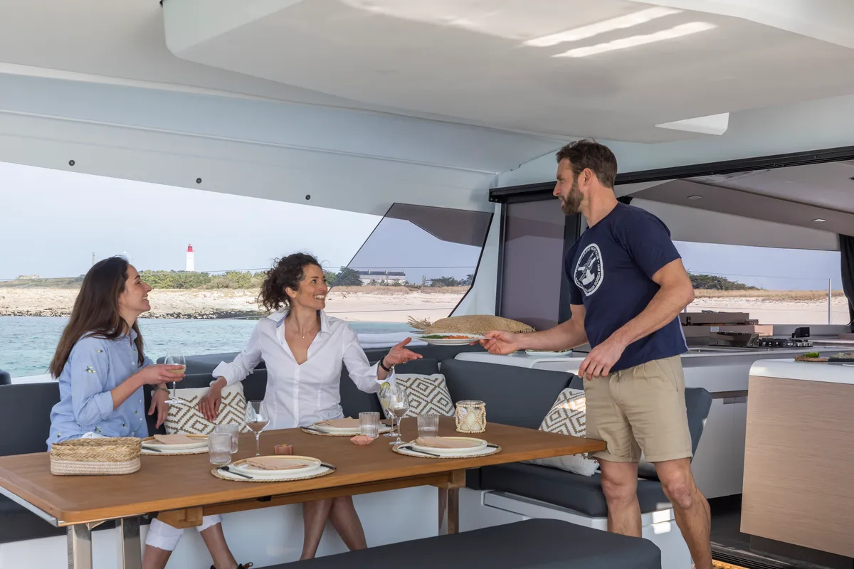 Deck of Dédé, a Fountaine Pajot Aura 51 catamaran at Hyères, France