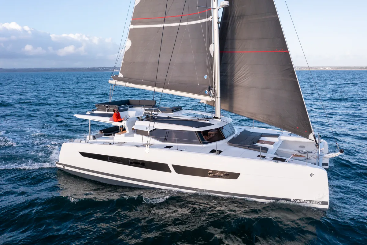 Exterior view of Dédé, a Fountaine Pajot Aura 51 catamaran at Hyères, France