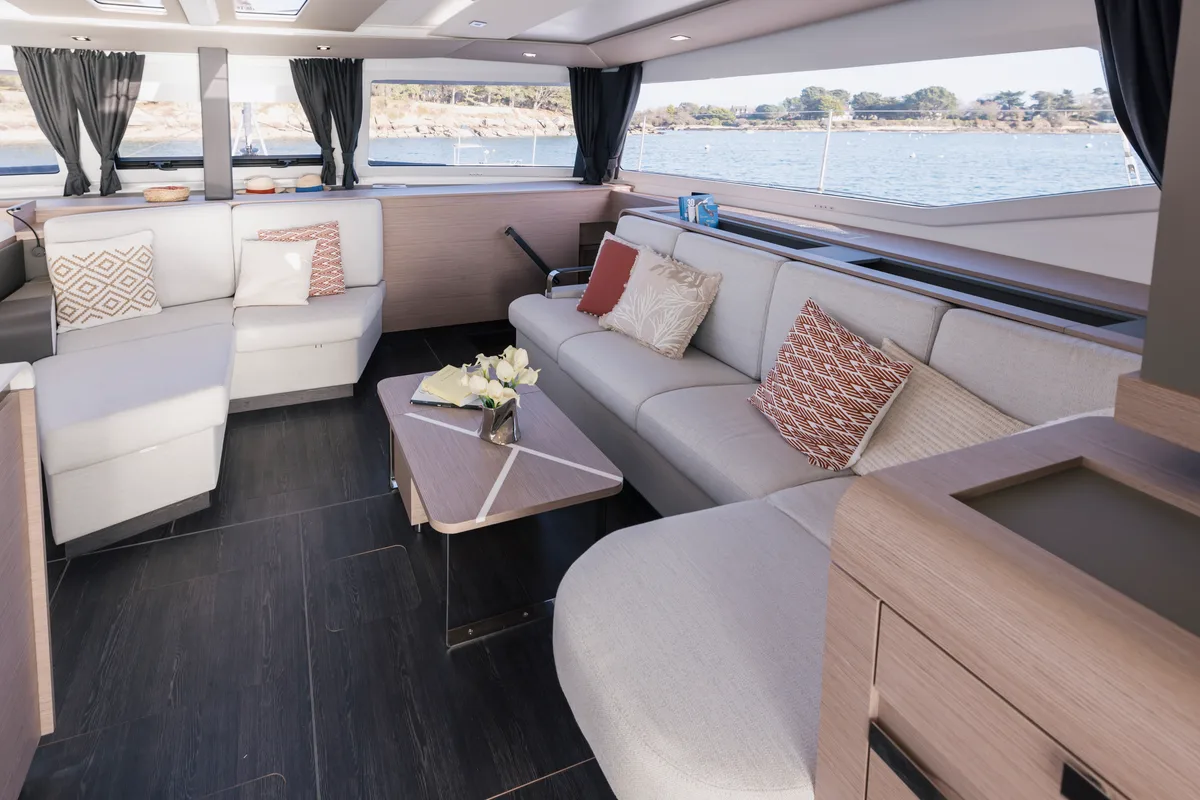 Salon of Dédé, a Fountaine Pajot Aura 51 catamaran at Hyères, France