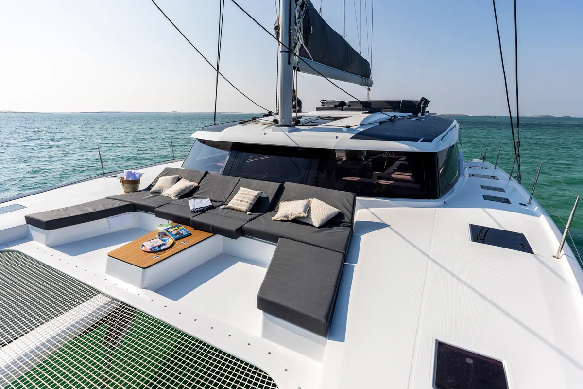 Deck of Dédé, a Fountaine Pajot Aura 51 catamaran at Hyères, France
