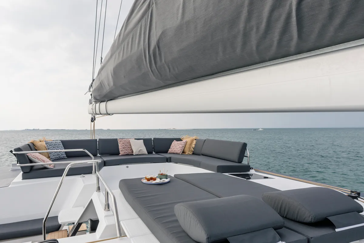 Deck of Dédé, a Fountaine Pajot Aura 51 catamaran at Hyères, France