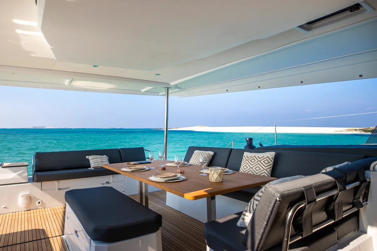 Deck of Dédé, a Fountaine Pajot Aura 51 catamaran at Hyères, France