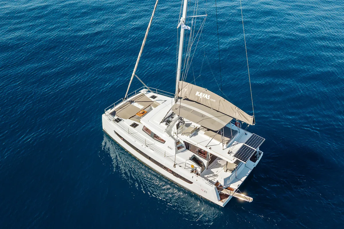 Exterior view of Kos 46.Cat12, a Bali 4.6 catamaran at Athens, Greece