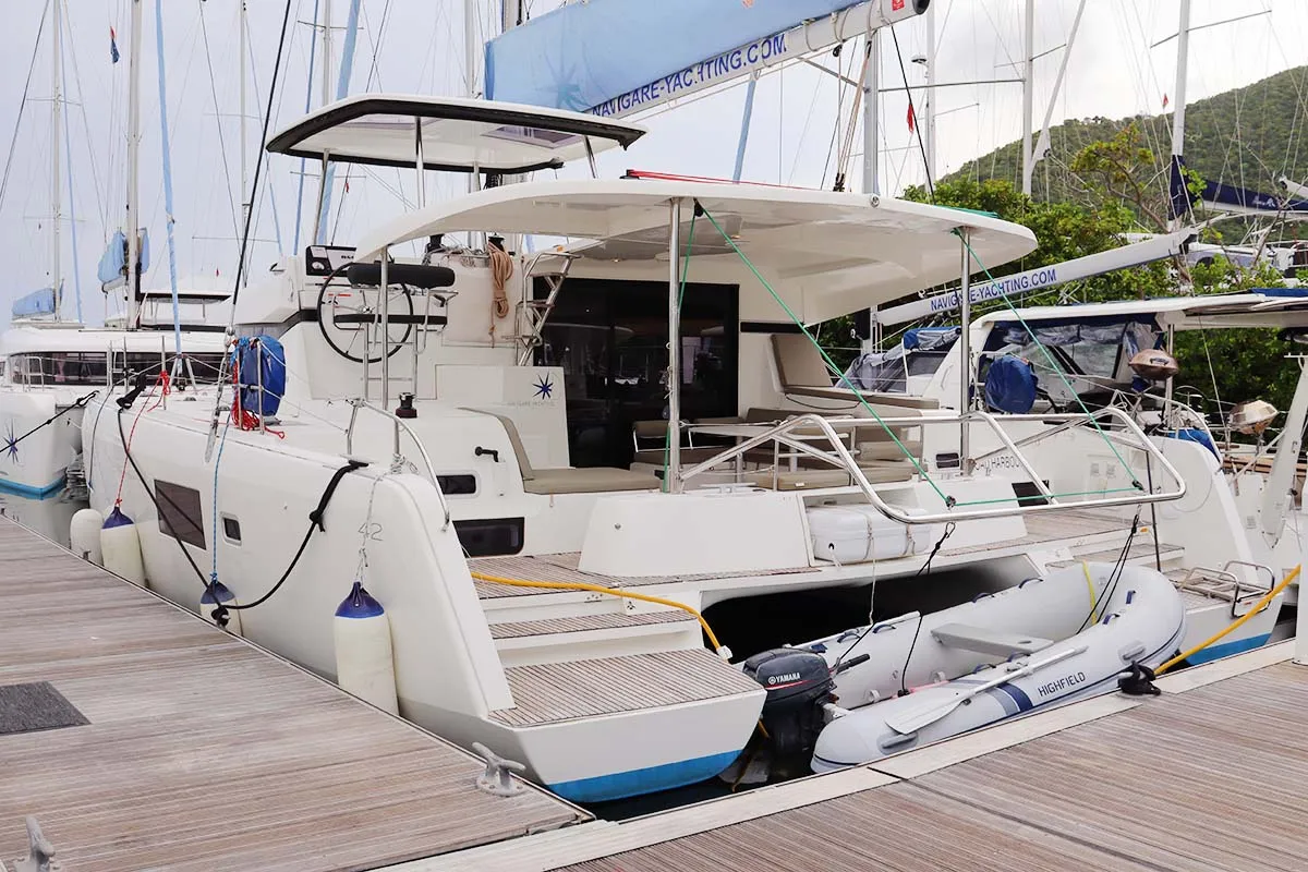 Exterior view of Lili, a Lagoon 42 catamaran at Road Town, British Virgin Islands