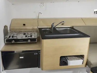 Galley of MA AUVA, a Pogo 30 sailboat at La Trinité-sur-Mer, France