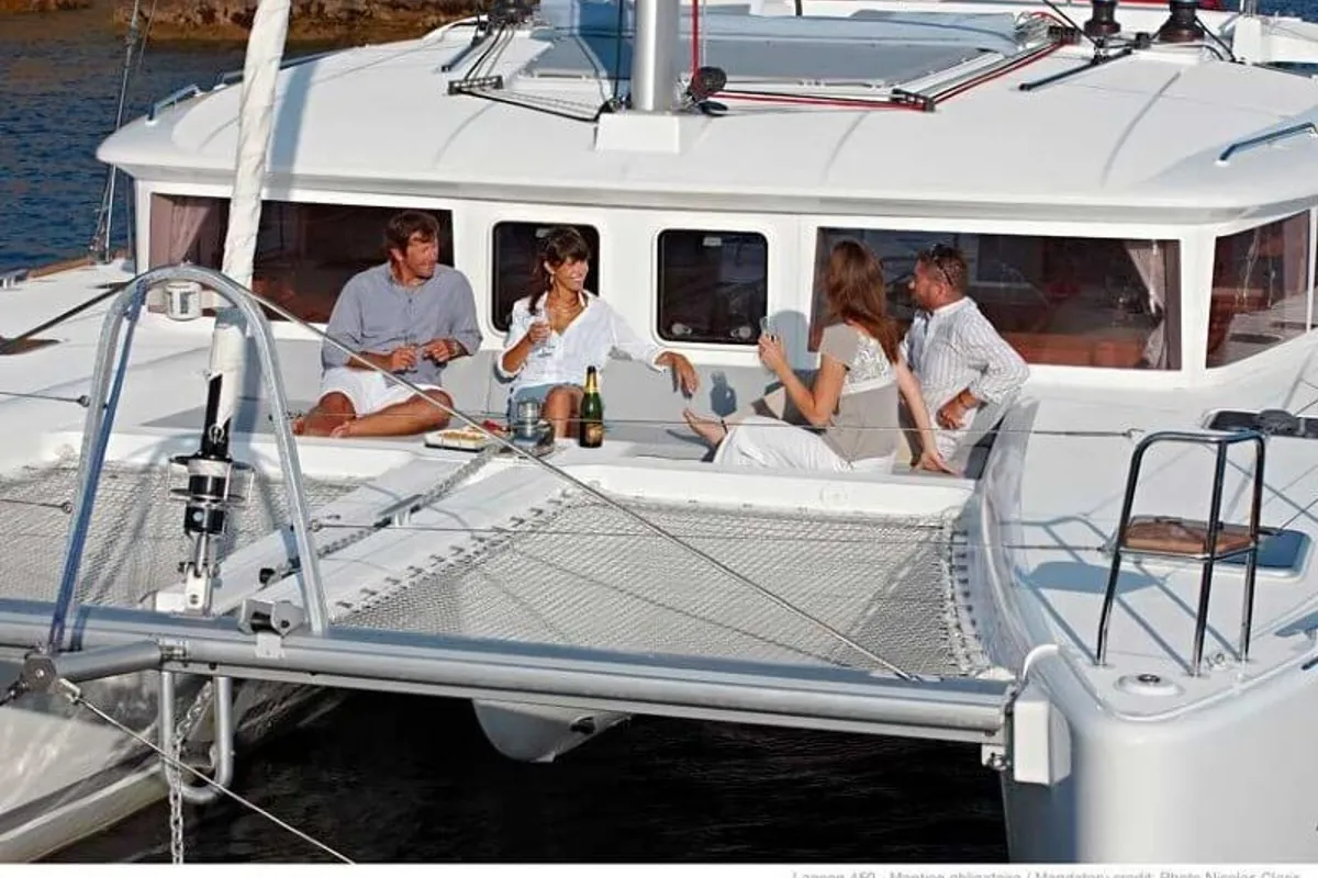 Exterior view of Mantra, a Lagoon 450 F catamaran at Pirovac, Croatia