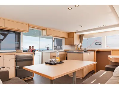 Salon of Mantra, a Lagoon 450 F catamaran at Pirovac, Croatia