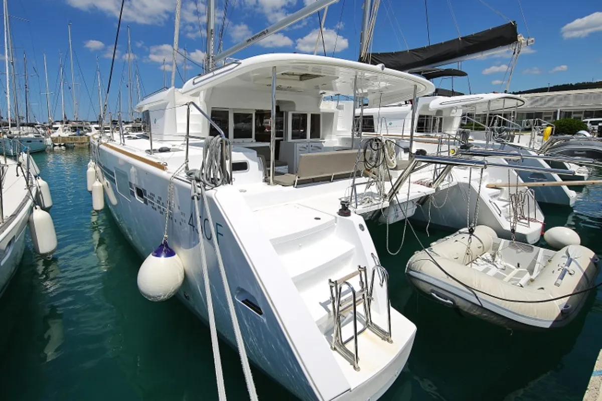 Exterior view of Mantra, a Lagoon 450 F catamaran at Pirovac, Croatia
