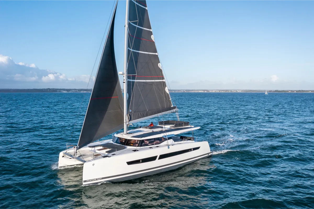 Exterior view of Stanislas, a Fountaine Pajot Aura 51 catamaran at Hyères, France