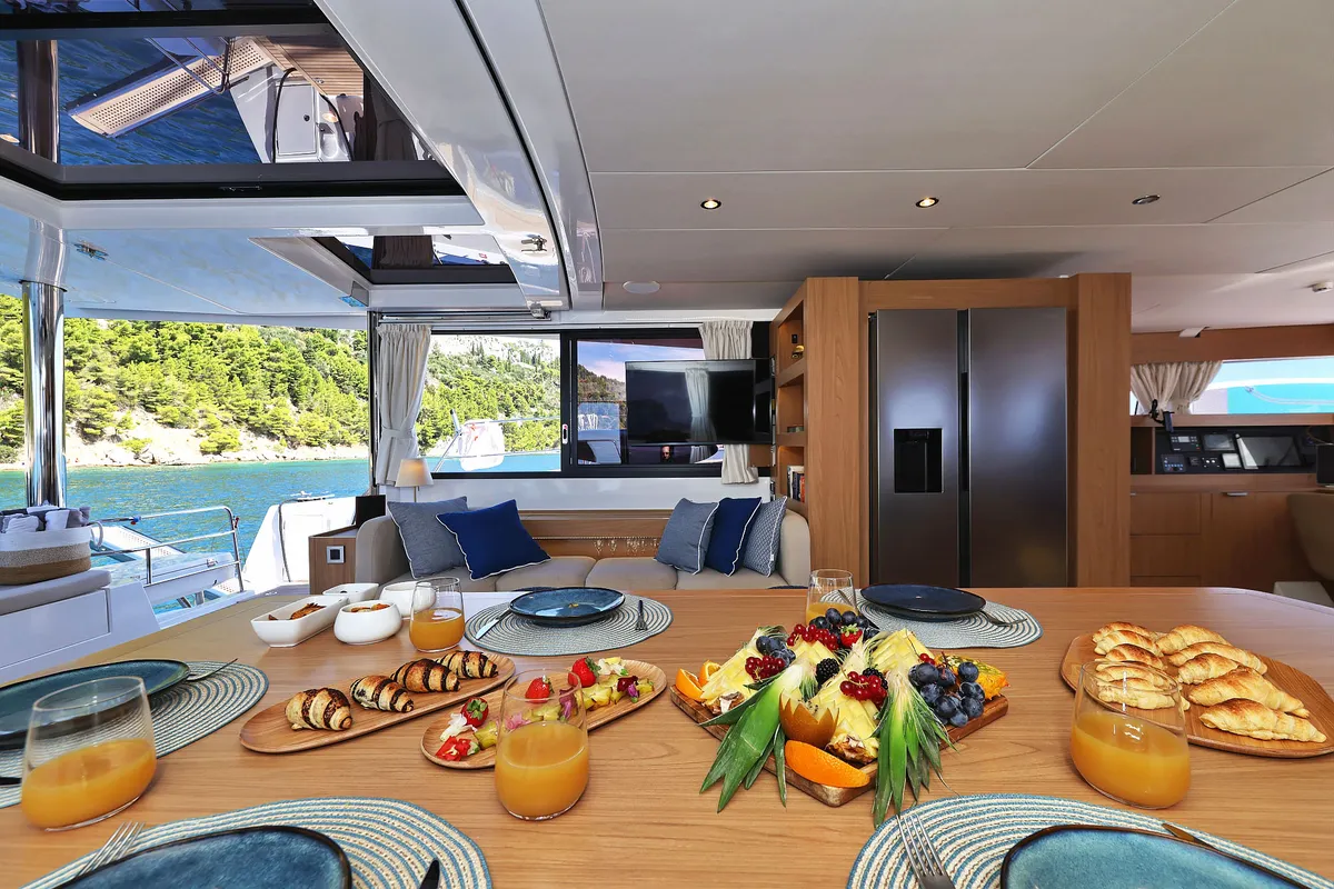 Salon of Joie de mer, a Bali 5.8 catamaran at Grad Kaštela, Croatia