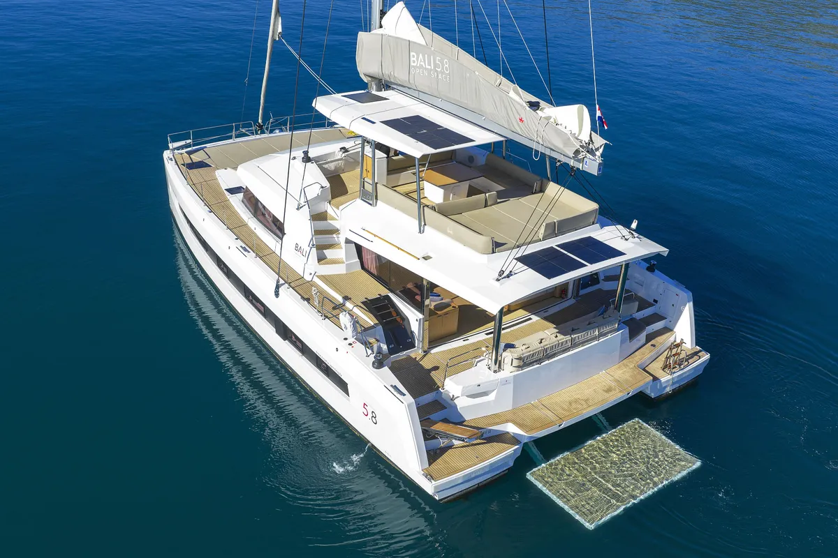 Exterior view of Joie de mer, a Bali 5.8 catamaran at Grad Kaštela, Croatia