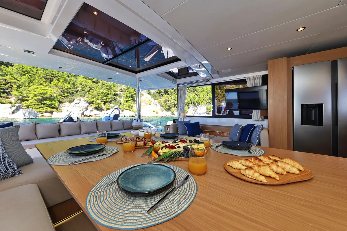 Salon of Joie de mer, a Bali 5.8 catamaran at Grad Kaštela, Croatia
