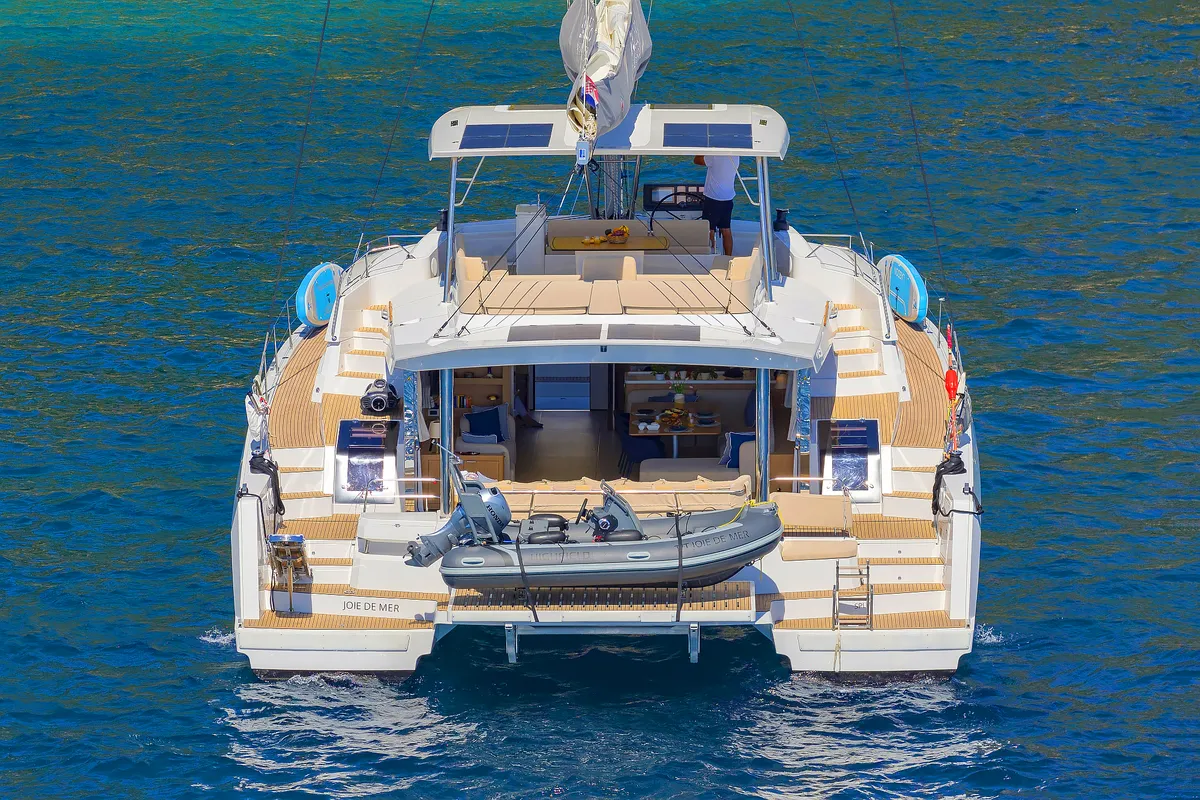 Exterior view of Joie de mer, a Bali 5.8 catamaran at Grad Kaštela, Croatia