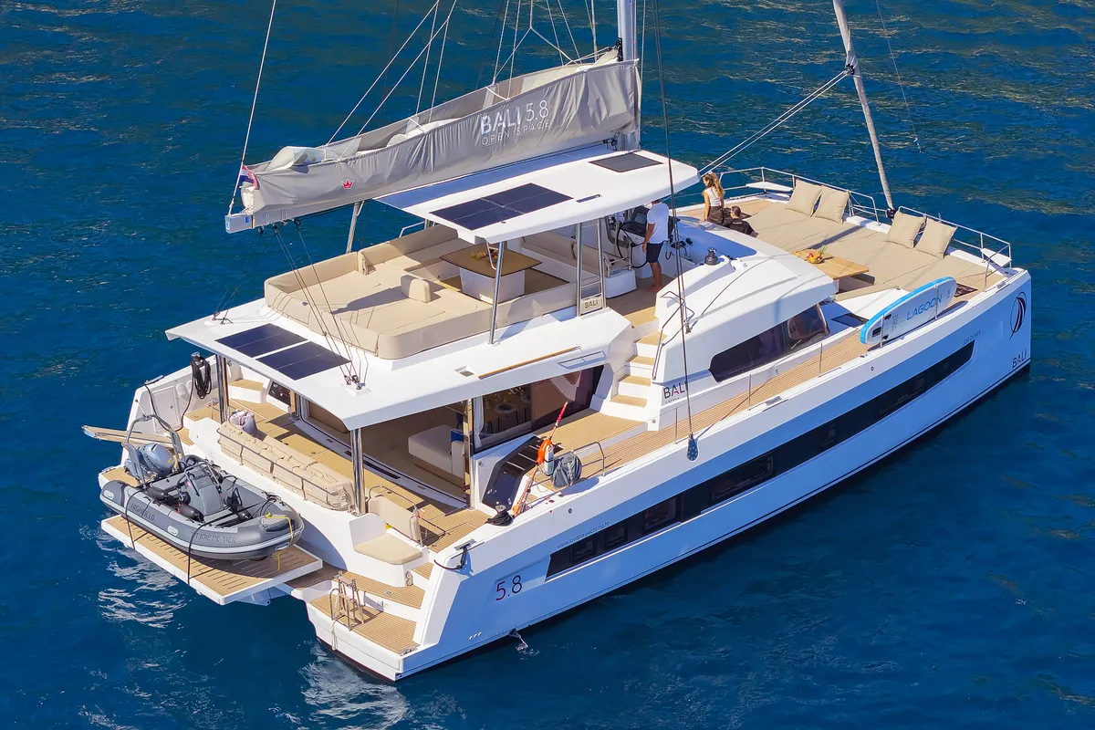Exterior view of Joie de mer, a Bali 5.8 catamaran at Grad Kaštela, Croatia