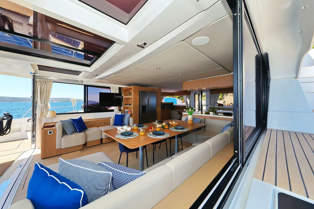 Salon of Joie de mer, a Bali 5.8 catamaran at Grad Kaštela, Croatia