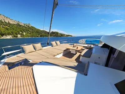 Deck of Joie de mer, a Bali 5.8 catamaran at Grad Kaštela, Croatia