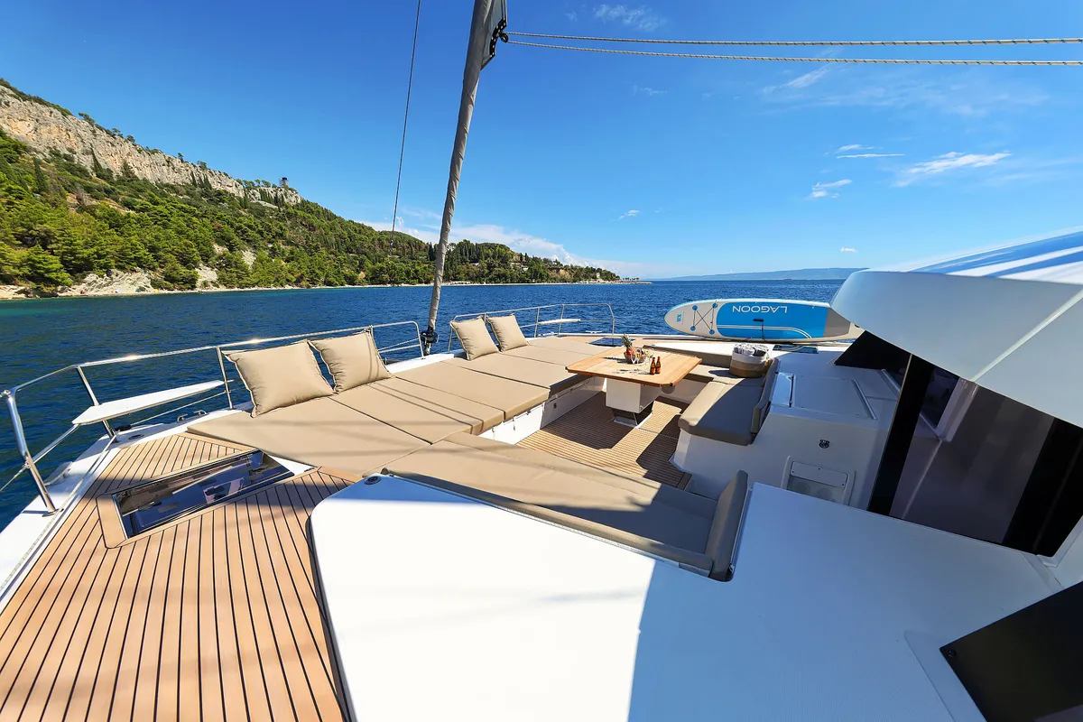 Deck of Joie de mer, a Bali 5.8 catamaran at Grad Kaštela, Croatia