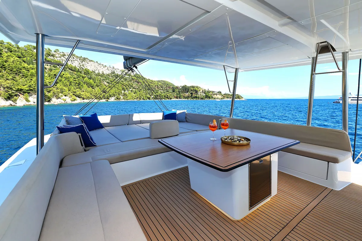 Deck of Joie de mer, a Bali 5.8 catamaran at Grad Kaštela, Croatia
