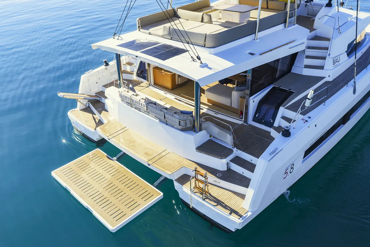 Exterior view of Joie de mer, a Bali 5.8 catamaran at Grad Kaštela, Croatia