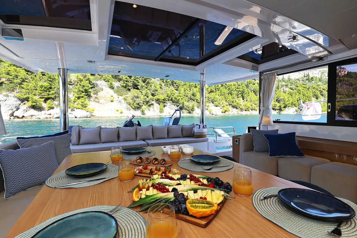 Salon of Joie de mer, a Bali 5.8 catamaran at Grad Kaštela, Croatia