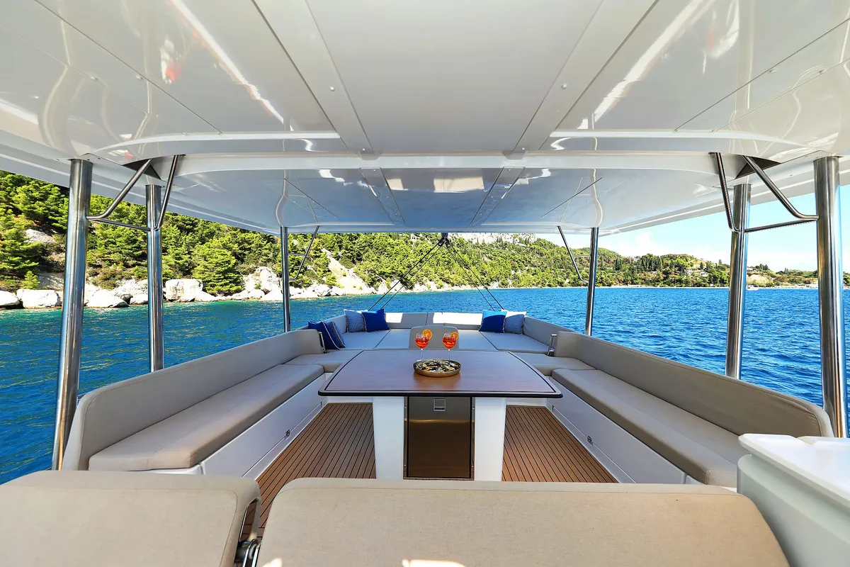 Deck of Joie de mer, a Bali 5.8 catamaran at Grad Kaštela, Croatia
