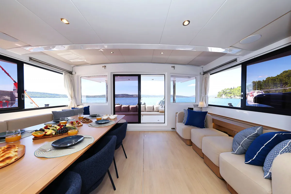 Salon of Joie de mer, a Bali 5.8 catamaran at Grad Kaštela, Croatia