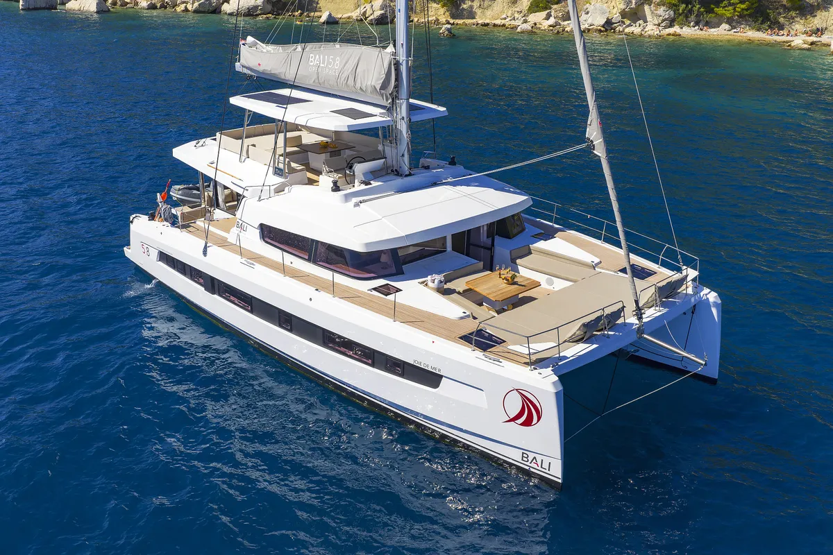 Exterior view of Joie de mer, a Bali 5.8 catamaran at Grad Kaštela, Croatia