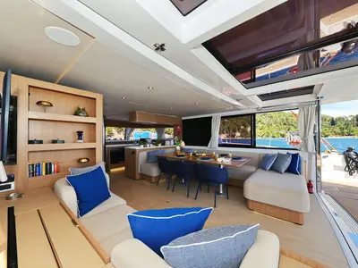 Salon of Joie de mer, a Bali 5.8 catamaran at Grad Kaštela, Croatia
