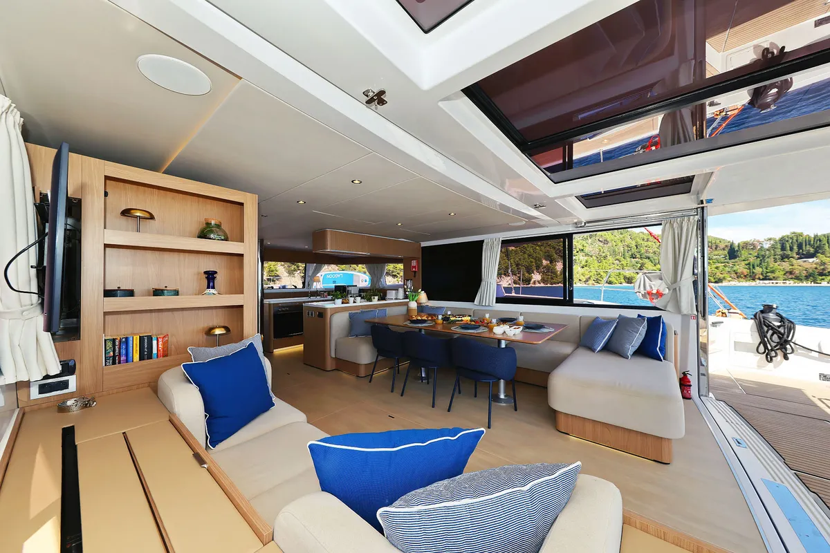 Salon of Joie de mer, a Bali 5.8 catamaran at Grad Kaštela, Croatia