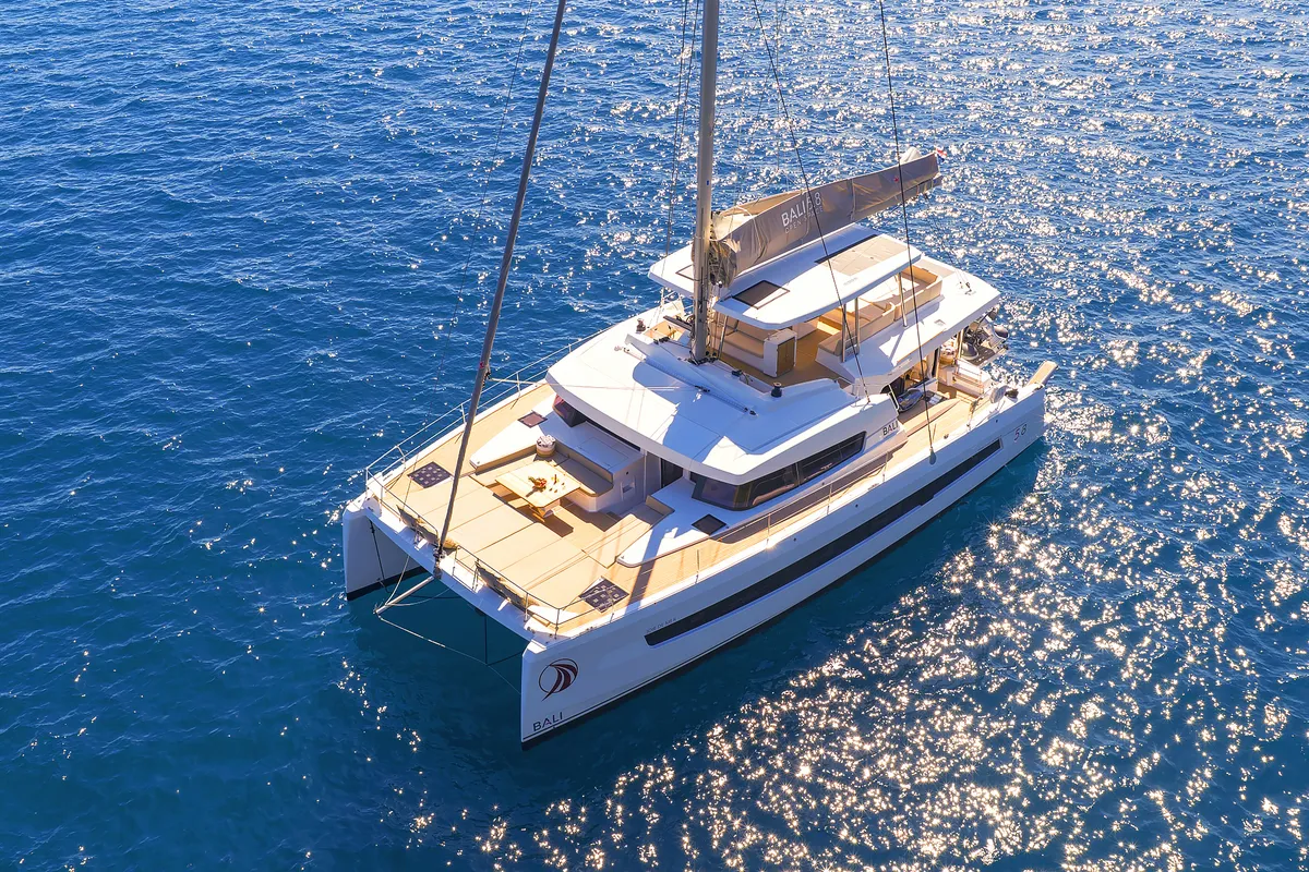 Exterior view of Joie de mer, a Bali 5.8 catamaran at Grad Kaštela, Croatia