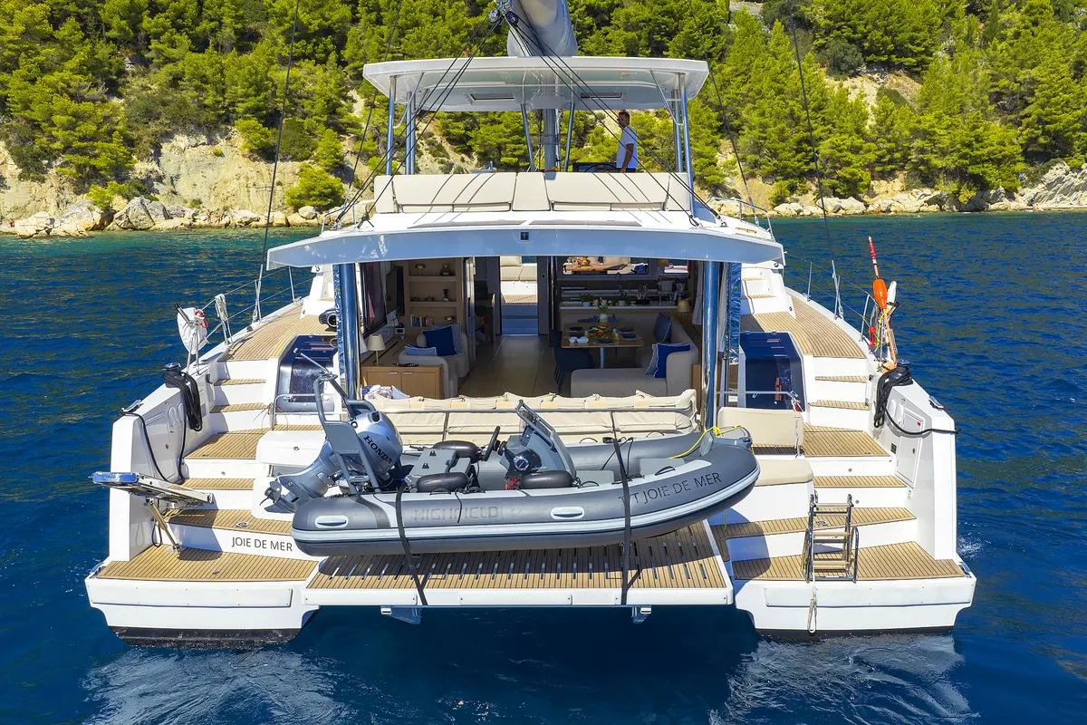 Exterior view of Joie de mer, a Bali 5.8 catamaran at Grad Kaštela, Croatia