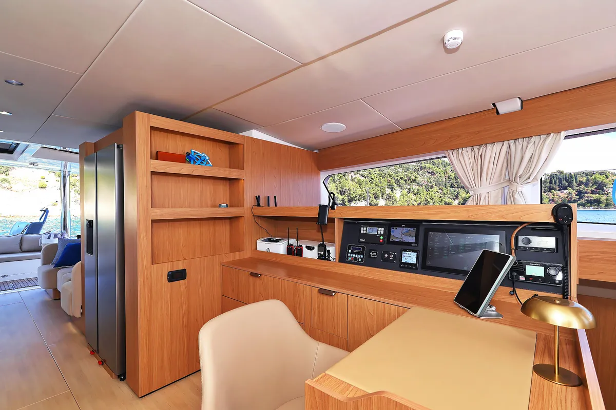 Cockpit of Joie de mer, a Bali 5.8 catamaran at Grad Kaštela, Croatia