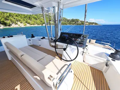 Cockpit of Joie de mer, a Bali 5.8 catamaran at Grad Kaštela, Croatia